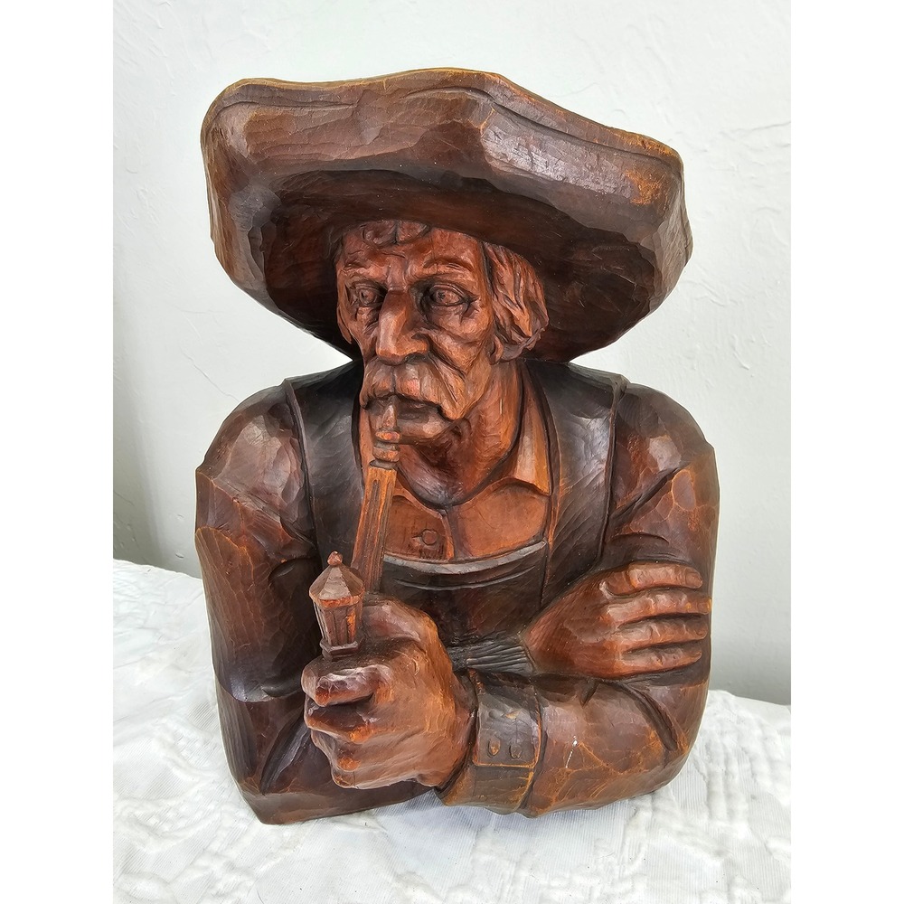 Huge Vintage Black Forest Wood Carving Bust Man Smoking Pipe 1940s 11"‎